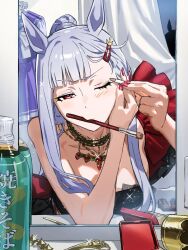 Rule 34 | 1girl, animal ears, applying makeup, black dress, blue eyes, blush, bottle, breasts, closed mouth, clothes, clothes hanger, clothes rack, collarbone, commentary request, curtains, dress, glint, gold ship (la mode 564) (umamusume), gold ship (umamusume), grey hair, hair ornament, hairclip, highres, horse ears, jewelry, koppe koppe, leaning forward, long hair, looking at viewer, makeup brush, medium breasts, mirror, mouth hold, necklace, one eye closed, ponytail, red eyes, red nails, reflection, single bare shoulder, solo, umamusume