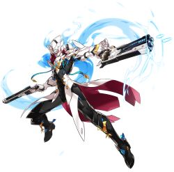 Rule 34 | 1boy, :o, aiming, armor, boots, chung seiker, deadly chaser (elsword), dual wielding, elsword, full armor, full body, gloves, gun, highres, holding, holding gun, holding weapon, looking at viewer, male focus, multicolored hair, official art, open mouth, ress, scarf, solo, spiked hair, standing, streaked hair, symbol-shaped pupils, two-tone hair, weapon