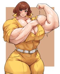 Rule 34 | 1girl, absurdres, april o&#039;neil, belt, blush, bodysuit, breasts, brown hair, curvy, female focus, flexing, highres, large breasts, looking at viewer, musctonk, muscular, muscular female, short hair, solo, teenage mutant ninja turtles, thick thighs, thighs, veins, veiny arms