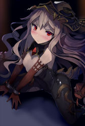 Rule 34 | &gt;:/, 10s, 1girl, :/, animal print, areola slip, bare shoulders, breasts, cleavage cutout, clothing cutout, commentary request, convenient censoring, cuffs, elbow gloves, from above, frown, gloves, granblue fantasy, hair between eyes, headpiece, highres, light purple hair, long hair, looking at viewer, medusa (shingeki no bahamut), pointy ears, red eyes, red gloves, serious, shingeki no bahamut, small breasts, snake, snake hair, snake print, solo, v-shaped eyebrows, very long hair, walzrj, wavy hair