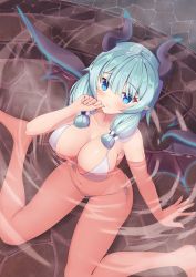 Rule 34 | 1girl, aqua hair, bare shoulders, barefoot, bikini, blue eyes, blush, breasts, cleavage, collarbone, commentary request, demon girl, demon tail, demon wings, from above, front-tie bikini top, front-tie top, hair between eyes, hand to own mouth, highres, large breasts, long hair, looking at viewer, looking up, navel, partially submerged, pointy ears, satarina-ke no meido-san, satarina-san, side-tie bikini bottom, sitting, smile, solo, stone floor, swimsuit, tail, vrchat, wariza, water, white bikini, wings