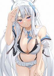 Rule 34 | 1girl, absurdres, alternate costume, between breasts, blue archive, breasts, cleavage, collarbone, commentary request, grey hair, hair ornament, halo, highres, jacket, large breasts, long hair, looking at viewer, necktie, noa (blue archive), open mouth, purple eyes, simple background, solo, swimsuit, twitter username, white background, yamano rokamizu