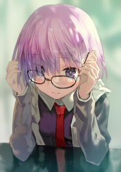 Rule 34 | 1girl, black-framed eyewear, bob (biyonbiyon), breasts, commentary request, fate/grand order, fate (series), glasses, grey jacket, hands up, highres, jacket, light purple hair, long sleeves, looking at viewer, mash kyrielight, medium breasts, necktie, open clothes, open jacket, parted lips, purple eyes, purple shirt, red necktie, shirt, short hair, solo, table, wing collar
