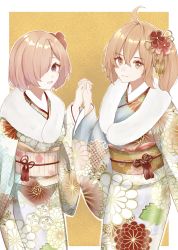Rule 34 | 2girls, absurdres, ahoge, alternate costume, commentary request, fate/grand order, fate (series), floral print, flower, fujimaru ritsuka (female), fujimaru ritsuka (female) (ceremonial new year), hair between eyes, hair flower, hair ornament, hair over one eye, highres, holding hands, japanese clothes, kimono, lily 0602, long sleeves, looking at viewer, mash kyrielight, medium hair, multiple girls, official alternate costume, open mouth, orange eyes, orange hair, red flower, short hair, side ponytail, smile, wide sleeves