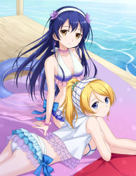 Rule 34 | 10s, 2girls, arm support, ass, ayase eli, bikini, blonde hair, blue eyes, blue hair, bracelet, breasts, cleavage, collarbone, earrings, frilled bikini, frills, hairband, highres, innertube, jetty, jewelry, looking at viewer, looking back, love live!, love live! school idol project, lying, medium breasts, multiple girls, natsuiro egao de 1 2 jump!, necklace, ocean, on stomach, open clothes, open shirt, parted lips, pier, ponytail, shirt, sideboob, sitting, sonoda umi, swim ring, swimsuit, tucana, water, white bikini, yellow eyes