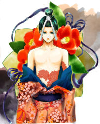 Rule 34 | androgynous, atlus, flower, futomimi, gender request, highres, japanese clothes, kimono, male focus, shin megami tensei, solo, tagme, tattoo
