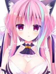 Rule 34 | 1girl, animal ear fluff, animal ears, blue hair, bow, braid, breasts, cleavage, closed mouth, collarbone, commentary request, copyright request, hair bow, large breasts, long hair, looking at viewer, low twintails, multicolored hair, pink hair, purple eyes, shiwasu horio, simple background, smile, solo, streaked hair, twintails, upper body, virtual youtuber, white background, white bow