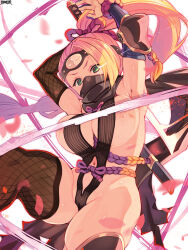 Rule 34 | 1girl, armpits, arms up, asymmetrical bangs, asymmetrical gloves, asymmetrical legwear, blonde hair, breasts, cherry blossoms, dairoku ryouhei, elbow gloves, forehead protector, gloves, green eyes, headband, high ponytail, highres, holding, holding sword, holding weapon, large breasts, logo, long hair, mismatched gloves, mismatched legwear, navel, ninja, official art, petals, photoshop (medium), ryoji (nomura ryouji), scabbard, scarf, sheath, solo, sword, weapon