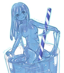 Rule 34 | 1girl, artist name, blue eyes, blue hair, blue skin, blush, breasts, colored skin, cup, long hair, looking at viewer, monster girl, slime girl, smile, solo, straw