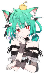 Rule 34 | 1girl, animal, animal ears, animal on head, bare shoulders, bird, black choker, blush stickers, cat ears, choker, collarbone, commentary, gothic lolita, green hair, hololive, ixy, lolita fashion, looking at viewer, on head, piyoko (uruha rushia), red eyes, short hair, simple background, solo, symbol-only commentary, upper body, uruha rushia, uruha rushia (3rd costume), virtual youtuber, white background, wrist cuffs