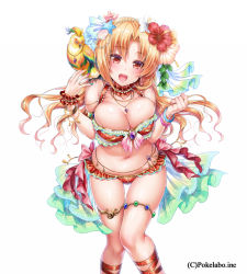 Rule 34 | 1girl, :d, ankle ribbon, bikini, bird, blonde hair, blush, bracelet, breasts, brooch, cleavage, flower, hair flower, hair ornament, hibiscus, hizuki akira, jewelry, knees together feet apart, large breasts, leg ribbon, long hair, looking at viewer, nail polish, navel, necklace, open mouth, original, parrot, red eyes, revealing clothes, ribbon, simple background, smile, solo, standing, swimsuit, thighlet, white background