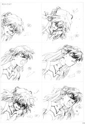 Rule 34 | 1girl, angry, artbook, breasts, clenched teeth, highres, long hair, looking to the side, monochrome, neon genesis evangelion, official art, plugsuit, scan, sequential, serious, shaded face, shouting, skin tight, souryuu asuka langley, sweat, teeth, two side up, upper body, white background