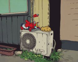 Rule 34 | air conditioner, animal ears, blue eyes, cable, cable tail, cat, cat ears, commentary request, electric plug, flower pot, grass, highres, humanoid robot, mecha, mechanical ears, mechanical tail, medarot, no humans, no mouth, peppercat, robot, tail, ten (prop03)