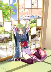 Rule 34 | 1girl, absurdres, aoki ume, bow, bracelet, brown eyes, copyright request, green hair, hair bow, highres, jewelry, leaning, lolita fashion, nail polish, pillow, single shoe, sitting, skirt, sliding doors, smile, tatami, thighhighs, tree, twintails, wa lolita, wariza