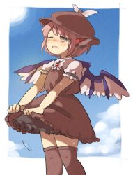 Rule 34 | 1girl, animal ears, bad id, bad twitter id, bird ears, blue background, blush, brown dress, brown hat, brown thighhighs, clothes lift, commentary request, day, dress, dress lift, feet out of frame, grey eyes, hat, highres, mystia lorelei, one eye closed, outdoors, parted lips, pink hair, puffy short sleeves, puffy sleeves, sasa kichi, short sleeves, solo, standing, sweatdrop, thighhighs, touhou, wings
