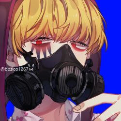 Rule 34 | 1boy, artist name, bbzico1267, blonde hair, blue background, commentary request, covered mouth, donquixote rocinante, eyelashes, facepaint, gas mask, heart, hood, hood up, male focus, mask, one piece, red eyes, short hair, signature, simple background, solo