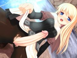 Rule 34 | 1futa, armor, blonde hair, blue eyes, character request, clothes lift, elzikyuchi, embarrassed, fantasy earth zero, from below, futanari, kagura mizuki, kaguradou (company), looking at viewer, obetate, open mouth, pantyhose, parody, penis, skirt, skirt lift, solo, spread legs, surprised, third-party edit, torn clothes, torn pantyhose, uncensored