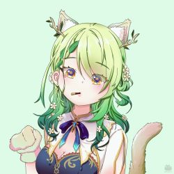 Rule 34 | 1girl, amamii-amii, animal ears, antlers, braid, braided bangs, branch, breasts, cat ears, cat tail, ceres fauna, flower, gradient hair, green hair, hair flower, hair ornament, highres, hololive, hololive english, horns, long hair, looking at viewer, medium breasts, multicolored hair, simple background, single braid, smile, solo, tail, two-tone hair, upper body, virtual youtuber