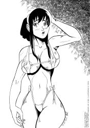 Rule 34 | 1girl, 2022, areola slip, armpits, bikini, black hair, breasts, collarbone, dated, female focus, fingernails, hairband, hand on own head, highres, large breasts, long fingernails, long hair, looking to the side, navel, open mouth, sidelocks, signature, simple background, solo, spy x family, sweat, swimsuit, tiquitoc, watermark, web address, yor briar