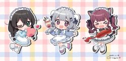 &gt;_&lt; 3girls :d ;) alternate_costume animal_ears apron binchou_maguro black_hair black_jacket black_ribbon black_skirt blue_jacket blue_skirt blunt_bangs blush bow braid brown_shoes bun_cover cat_ears cat_girl cat_tail cevio chibi chibi_only closed_mouth commentary_request cup dated double_bun drinking_glass drop_shadow enmaided facing_viewer fang food frilled_apron frilled_skirt frills full_body green_eyes grey_hair hair_bow hair_bun hair_ornament hair_ribbon hanakuma_chifuyu heart holding holding_heart holding_tray jacket jersey_maid kemonomimi_mode ketchup ketchup_bottle kneehighs koharu_rikka long_hair long_sleeves looking_at_viewer maid maid_headdress medium_hair multiple_girls natsuki_karin one_eye_closed open_mouth outline parfait pink_shoes plaid_background purple_eyes red_hair ribbon roller_skates shoes short_hair signature skates skin_fang skirt smile socks squeezing standing synthesizer_v tail tears track_jacket tray twin_braids twintails unconventional_maid white_apron white_bow white_outline white_shoes white_socks x_hair_ornament xd zipper