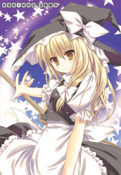 Rule 34 | 1girl, apron, black dress, blonde hair, blush, bow, broom, cowboy shot, dress, female focus, hair bow, hat, holding, kirisame marisa, long hair, outstretched arm, puffy short sleeves, puffy sleeves, sesena yau, short sleeves, solo, star (symbol), touhou, upper body, very long hair, waist apron, witch hat, yellow eyes