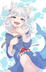 Rule 34 | 1girl, absurdres, animal ear fluff, animal ears, animal hood, blue eyes, blue hair, blue hood, blunt bangs, breasts, cat ears, fins, fish tail, gari gari 1, gawr gura, gawr gura (1st costume), grey hair, hair ornament, heart, heart-shaped pupils, highres, hololive, hololive english, hood, looking at viewer, medium hair, multicolored hair, open mouth, shark girl, shark hair ornament, shark hood, shark tail, sharp teeth, sidelocks, small breasts, smile, solo, streaked hair, symbol-shaped pupils, tail, teeth, two side up, upper teeth only, virtual youtuber