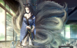Rule 34 | 1girl, animal ears, black hair, blue eyes, closed mouth, collarbone, facial mark, female focus, fox tail, highres, japanese clothes, kikivi, long hair, long sleeves, multiple tails, original, solo, straight hair, tail, traditional clothes