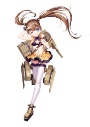 Rule 34 | 1girl, armlet, bison cangshu, blue eyes, cannon, cleavage cutout, clothing cutout, full body, highres, mecha musume, official art, one eye closed, panzer waltz, salute, simple background, skirt, solo, t34 calliope (panzer waltz), tachi-e, thighhighs, tongue, tongue out, twintails, white background, white thighhighs, yellow skirt