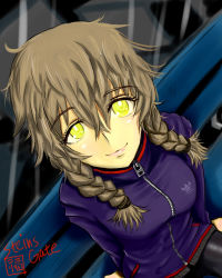 Rule 34 | 1girl, amane suzuha, bench, bike shorts, blonde hair, braid, breasts, face, female focus, from above, highres, jacket, sitting, smile, solo, steins;gate, track jacket, twin braids, yellow eyes