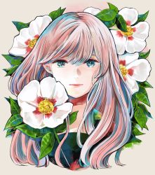Rule 34 | 1girl, absurdres, blue eyes, commentary request, flower, highres, huge filesize, leaf, long hair, looking at viewer, original, pink hair, portrait, richard-kun, solo, swept bangs, tan background, white flower