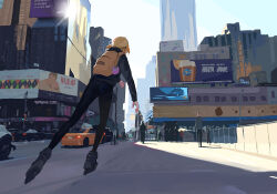 Rule 34 | 1girl, backpack, bag, bag charm, billboard, black pants, blonde hair, brand name imitation, building, charm (object), city, cityscape, commentary, creatures (company), day, english commentary, from behind, full body, game freak, gen 1 pokemon, highres, jigglypuff, nintendo, original, pants, pokemon, road, roller skates, sekoshi (some1else45), skates, sky, skyscraper, solo focus, some1else45, street, taxi, yellow bag