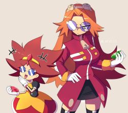 Rule 34 | 2girls, :d, absurdres, black skirt, breasts, brown hair, chaos emerald, closed mouth, coat, dr. eggman, eggette, eggma&#039;am, gem, genderswap, genderswap (mtf), glasses, gloves, highres, holding, holding gem, long hair, looking at another, multiple girls, nekiis, ojou-sama pose, open mouth, orange hair, puffy sleeves, red coat, shirt, skirt, smile, sonic (series), sonic mania, spiked hair, thighhighs, white gloves, zipper pull tab