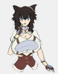 Rule 34 | 1girl, alternate breast size, alternate hair color, animal ears, arm up, armor, body armor, breastplate, breasts, brown fur, brown gloves, brown hair, cat ears, cat girl, chest armor, choker, cleavage, earrings, fingerless gloves, fran (tensei shitara ken deshita), gloves, grey choker, grey eyes, hair between eyes, hand up, huge breasts, jewelry, large breasts, leather, leather gloves, looking at viewer, medium hair, open mouth, osric-gersten, puffy sleeves, short sleeves, simple background, solo, tensei shitara ken deshita, upper body, white background, white sleeves
