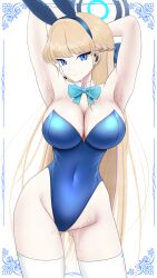 Rule 34 | 1girl, absurdres, alternate breast size, animal ears, armpits, arms up, blonde hair, blue archive, blue bow, blue bowtie, blue eyes, blue hairband, blue leotard, bow, bowtie, braid, breasts, covered navel, fake animal ears, groin, hairband, halo, headset, highleg, highleg leotard, highres, large breasts, leotard, long hair, microphone, navel, official alternate costume, playboy bunny, rabbit ears, sakurein, solo, sweat, thighhighs, thighs, toki (blue archive), toki (bunny) (blue archive), very long hair, white thighhighs