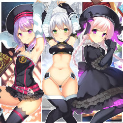 Rule 34 | 3girls, armpits, arms up, bandaged arm, bandages, bare shoulders, braid, breasts, detached sleeves, dress, fate/apocrypha, fate/grand order, fate (series), flat chest, green eyes, hat, helena blavatsky (fate), jack the ripper (fate/apocrypha), looking at viewer, micro panties, midriff, multiple girls, navel, nursery rhyme (fate), panties, purple eyes, purple hair, scar, sefirot, short hair, silver hair, smile, thighhighs, twin braids, underwear, ureshiijelek