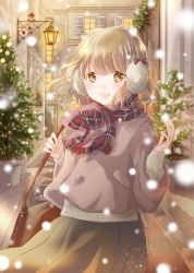 Rule 34 | 1girl, absurdres, architecture, arm up, bag, blurry, blurry foreground, brown eyes, brown hair, brown skirt, christmas lights, coat, commentary, cowboy shot, earmuffs, hair blowing, handbag, highres, hoshiibara mato, ironwork, long sleeves, looking at viewer, open mouth, original, outdoors, pink coat, plaid, plaid scarf, scarf, short hair, skirt, smile, snow, snowing, solo, standing, sweater, town, tree, wall lamp, white sweater, wind, wind lift, window, window shutter, winter
