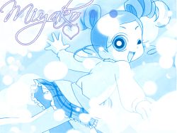 Rule 34 | 00s, 1girl, ;d, blue theme, bubble, drill hair, from behind, goutokuji miyako, heart, long sleeves, looking at viewer, looking back, miniskirt, monochrome, one eye closed, open mouth, plaid, plaid skirt, powerpuff girls, powerpuff girls z, rolling bubbles, skirt, smile, solo, twin drills, twintails