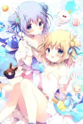 Rule 34 | :d, anko (gochiusa), bare shoulders, blonde hair, blue eyes, blue footwear, blue hair, blush, bow, bowtie, breasts, closed mouth, commentary request, detached sleeves, double bun, dress, feet out of frame, food, gloves, gochuumon wa usagi desu ka?, green eyes, hair between eyes, hair bow, hair bun, hand up, holding, ice cream, ice cream cone, kafuu chino, kirima syaro, open mouth, puffy short sleeves, puffy sleeves, red neckwear, shiratama (shiratamaco), shoes, short sleeves, sidelocks, small breasts, smile, strapless, strapless dress, striped, striped bow, tippy (gochiusa), triple scoop, wafer stick, white dress, white gloves, white sleeves, wild geese