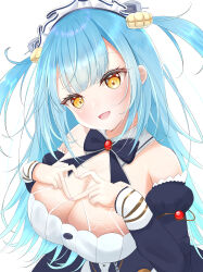 Rule 34 | 1girl, :d, absurdres, azur lane, bare shoulders, black bow, black dress, blue bow, blue dress, blue hair, blush, bow, breasts, cleavage, commentary, detached collar, detached sleeves, dress, from above, gem, hands on own chest, happy, head tilt, heart, heart hands, highres, large breasts, long hair, looking at viewer, looking up, maid headdress, neptune (azur lane), open mouth, red gemstone, shell hair ornament, smile, solo, tsuri pi, upper body, very long hair, yellow eyes