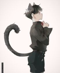 Rule 34 | 1boy, adjusting bowtie, animal ears, belt, bishounen, black hair, black shirt, black shorts, bow, bowtie, cat boy, cat ears, cat tail, closed mouth, collared shirt, expressionless, highres, long sleeves, male focus, original, qxq illus, red bow, red bowtie, shirt, short hair, shorts, simple background, solo, tail, white background