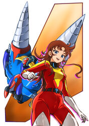 Rule 34 | 1girl, belt, blue eyes, bodysuit, breasts, brown hair, drill spazer, elbow gloves, gloves, grendizer, highres, long hair, looking at viewer, maria grace fleed, mazinger (series), mecha, medium breasts, multicolored bodysuit, multicolored clothes, nagai gou (style), open mouth, red bodysuit, retro artstyle, robot, skin tight, solo, standing, taiga hiroyuki, ufo robo grendizer, white gloves