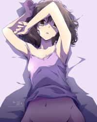 Rule 34 | 1girl, armpits, artist name, breasts, brown eyes, brown hair, camisole, collarbone, commentary request, dated, fingernails, grey eyes, groin, hibike! euphonium, highres, looking at viewer, lying, navel, nii manabu, no panties, on back, on bed, open mouth, oumae kumiko, out-of-frame censoring, purple camisole, shadow, short hair, signature, sleeveless, small breasts, solo, stomach, tank top, white tank top