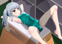 Rule 34 | 1girl, 1other, arms behind head, artist name, barefoot, breasts, brown eyes, character name, green one-piece swimsuit, grey hair, inaba shiki, kantai collection, kasumi (kancolle), long hair, lying, one-piece swimsuit, school swimsuit, side ponytail, silhouette, small breasts, spread legs, swimsuit, vaulting horse