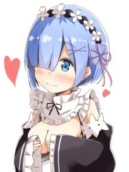 Rule 34 | 10s, aikawa ryou, blue eyes, blue hair, blush, breasts, cleavage, covering privates, covering breasts, detached sleeves, flower, frills, hair flower, hair ornament, hair over one eye, heart, highres, maid, medium breasts, pink ribbon, re:zero kara hajimeru isekai seikatsu, rem (re:zero), ribbon, simple background, smile, solo, tagme, white background, x hair ornament