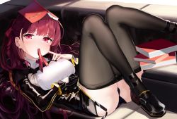 Rule 34 | 1girl, b:ga, bad id, bad pixiv id, black footwear, black panties, black pantyhose, black skirt, blazer, blush, book, book on head, breasts, clothes pull, framed breasts, girls&#039; frontline, gloves, hair ribbon, half updo, high-waist skirt, highres, jacket, large breasts, long hair, looking at viewer, mouth hold, necktie, necktie in mouth, object on head, one side up, panties, pantyhose, pantyhose pull, purple hair, reclining, red eyes, red necktie, ribbon, shirt, shoes, skirt, solo, underwear, very long hair, wa2000 (girls&#039; frontline)