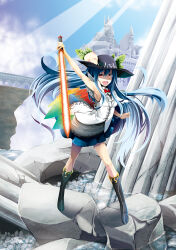 Rule 34 | 1girl, :d, black footwear, blue hair, blue skirt, blue sky, boots, cityscape, full body, hinanawi tenshi, holding, holding sword, holding weapon, ishida kazuma, long hair, looking at viewer, open mouth, outdoors, pillar, red eyes, shirt, skirt, sky, smile, solo, standing, sword, sword of hisou, touhou, weapon, white shirt