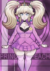 Rule 34 | 1girl, blonde hair, blue eyes, bowser, breasts, choker, cleavage cutout, clothing cutout, crown, danganronpa (series), enoshima junko, female focus, formal, highres, jewelry, large breasts, looking at viewer, mario, mario (series), nintendo, ornament, princess peach, skirt, solo, star (symbol), super star (mario), suit, teenagebratwurst, thick thighs, thighhighs, thighs