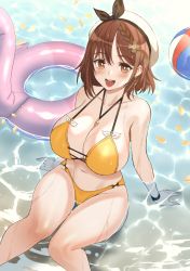 Rule 34 | 1girl, atelier (series), atelier ryza, atelier ryza 1, ball, bare arms, bare legs, bare shoulders, beachball, bikini, braid, breasts, brown eyes, brown hair, carcass (artist), cleavage, collarbone, commentary request, hat, highres, innertube, korean commentary, large breasts, looking at viewer, medium hair, navel, open mouth, reisalin stout, sitting, smile, solo, swim ring, swimsuit, wet, white hat, yellow bikini