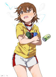 Rule 34 | 1girl, @ @, absurdres, blush, brown eyes, brown hair, can, commentary request, dated, drink can, electricity, electrokinesis, floating hair ornament, flower, hair between eyes, highres, holding, holding can, jacket, medium hair, misaka mikoto, open mouth, psychic, shirt, short shorts, short sleeves, shorts, simple background, soda can, standing, sweat, takatisakana, toaru kagaku no railgun, toaru kagaku no railgun t, toaru majutsu no index, tomboy, white background, white flower, white shirt, white shorts, yellow jacket