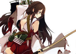 Rule 34 | 10s, 1girl, absurdres, akagi (kancolle), archery, arm up, arrow (projectile), bow (weapon), breasts, brown eyes, brown hair, hakama, hakama skirt, highres, holding, japanese clothes, kantai collection, kyuudou, long hair, muneate, open clothes, pleated skirt, quiver, red hakama, scan, shirokitsune, simple background, skirt, solo, tasuki, thighhighs, torn clothes, very long hair, weapon, white background, white thighhighs